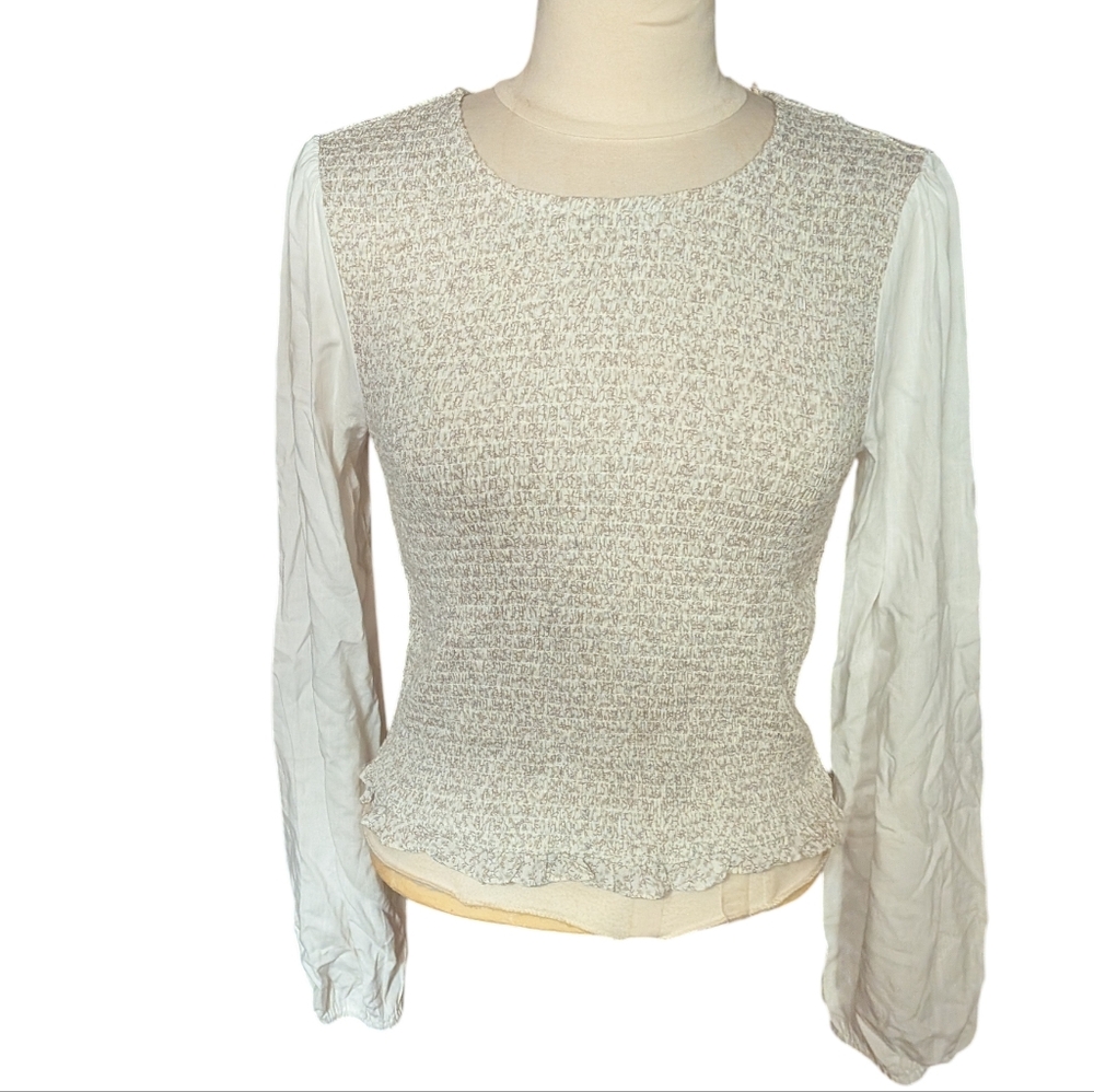 Hem & Thead NWT Stretchy Beige Smocked Top Bell Sleeves Ruffle Trim Size Large